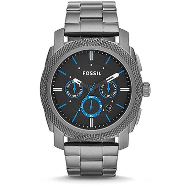 Fossil Machine uhr für Herren, Chronographenwerk mit Edelstahl- oder Lederarmband, Grau und Blau, 45 im Sale